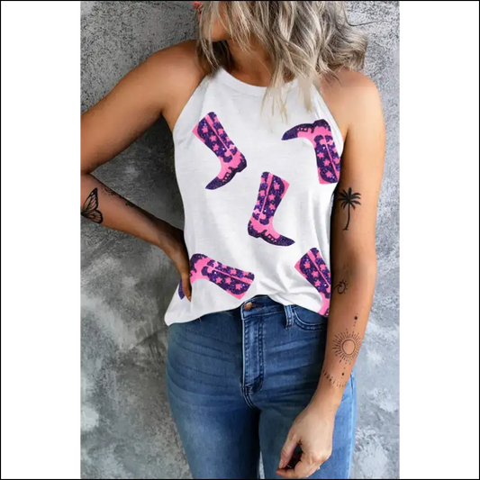 Sparkle & Shine Sequin Boots Round Neck Tank - White / Xl - Tops on Sale Worldwide Shipping