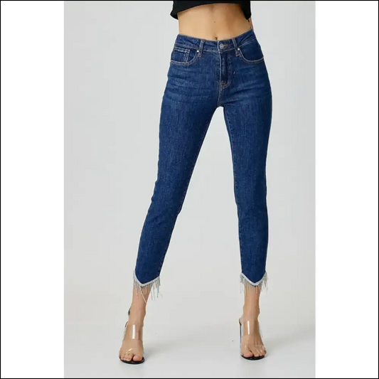 Sparkle your Way in Risen’s Mid Rise Crop Skinny Jeans - Fashion Bffs! 💖✨ - Dark Blue / 15(32) - on Sale Worldwide Shipping