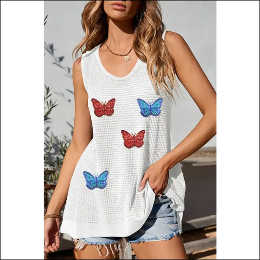 Sparkling Sequin Butterfly Tank Top - White / l - Tops on Sale Worldwide Shipping