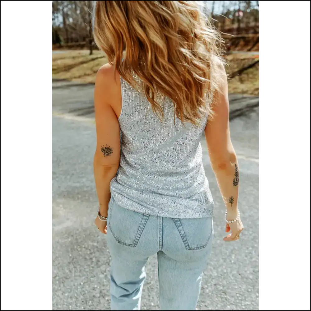 Sparkling Sequin Button Front V-neck Tank - Tops on Sale Worldwide Shipping