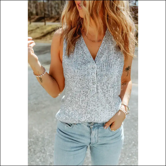 Sparkling Sequin Button Front V-neck Tank - Silver / Xl - Tops on Sale Worldwide Shipping