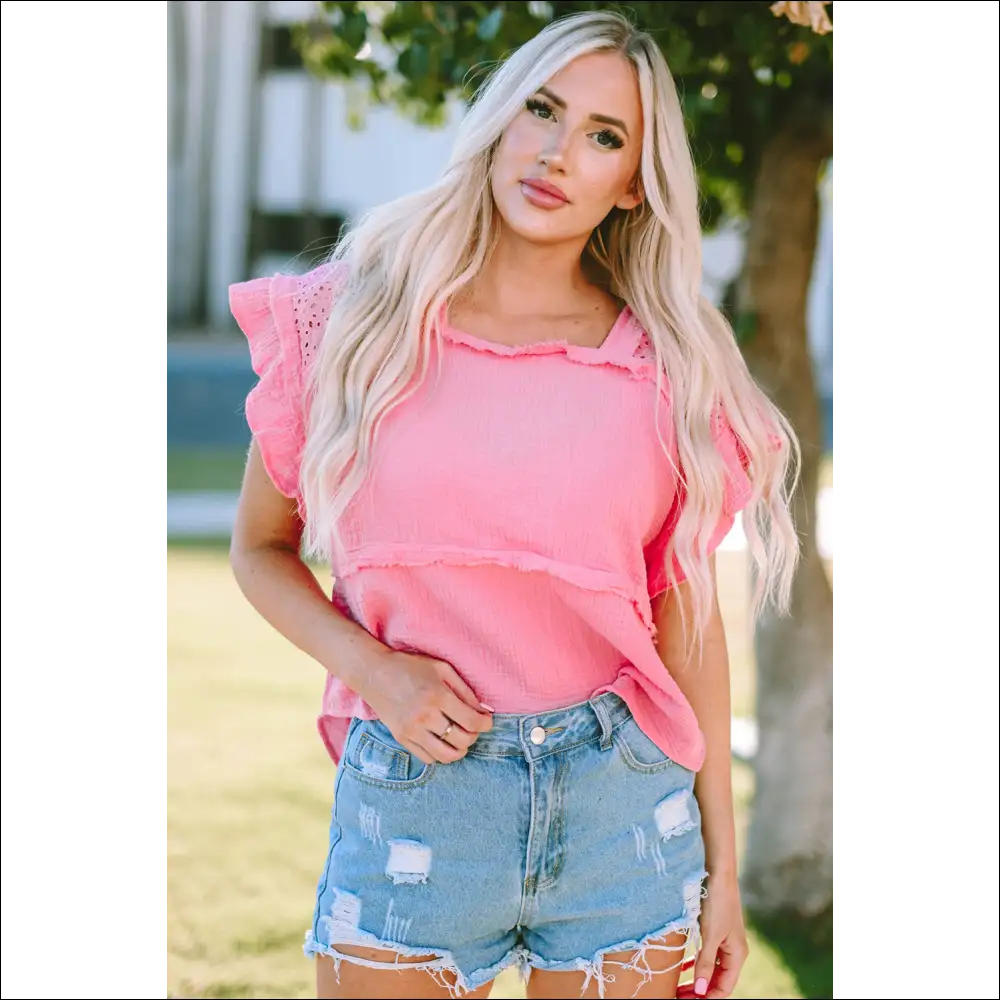 Square Neck Exposed Seams Blouse - Pink / s - Blouses on Sale Worldwide Shipping