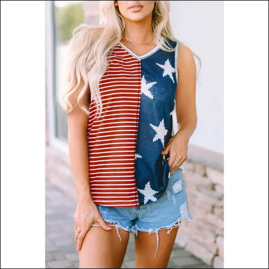 Star and Stripe V-neck Tank Top - Multicolor / m - Tops on Sale Worldwide Shipping