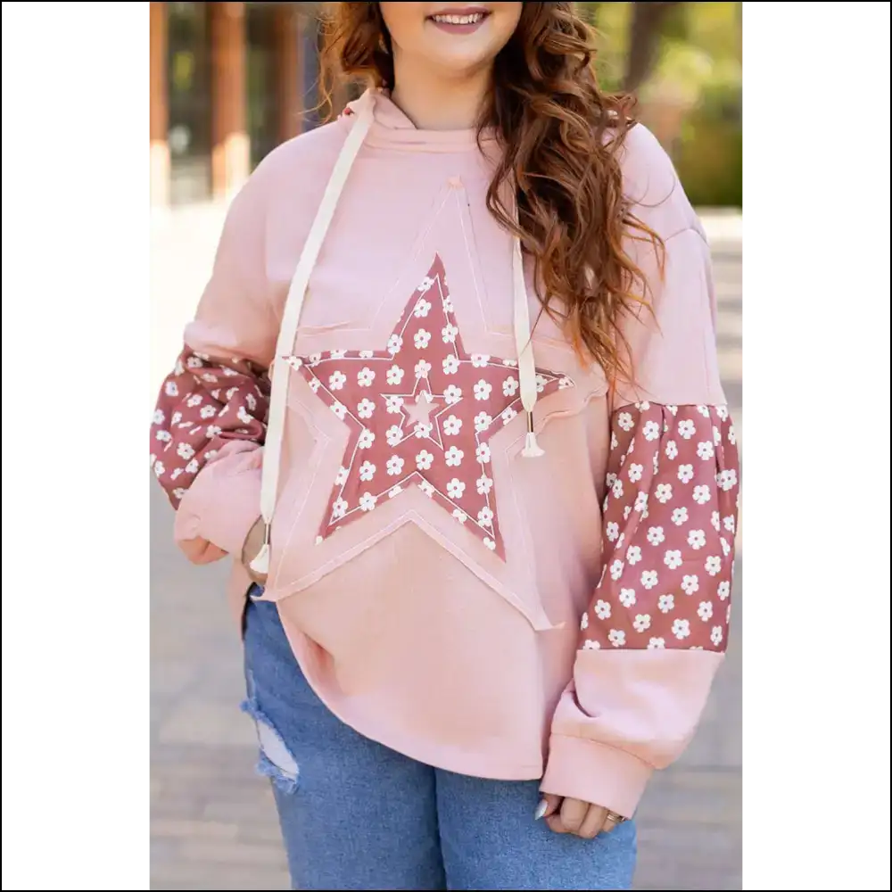 Star Patched Floral Sleeve Hoodie: Finally Cute! ✨ Needful Things - Pink / 1x - Plus Size Tops on Sale Worldwide Shipping
