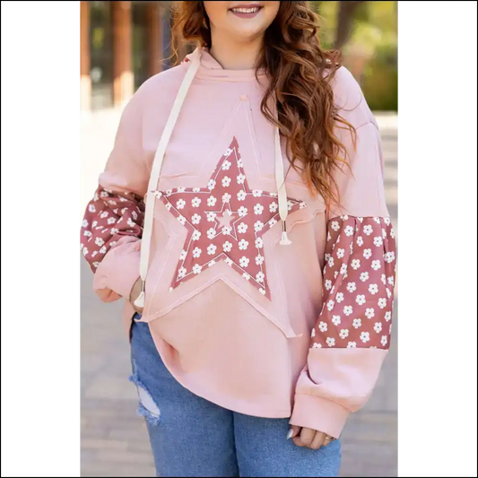 Star Patched Floral Sleeve Hoodie: Finally Cute! ✨ Needful Things - Pink / 1x - Plus Size Tops on Sale Worldwide Shipping