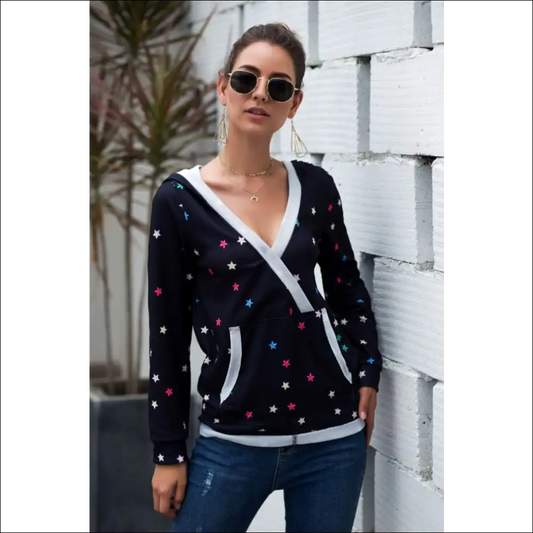 Star Print Kangaroo Pocket Hoodie - Black / Xl - Sweatshirts & Hoodies on Sale Worldwide Shipping