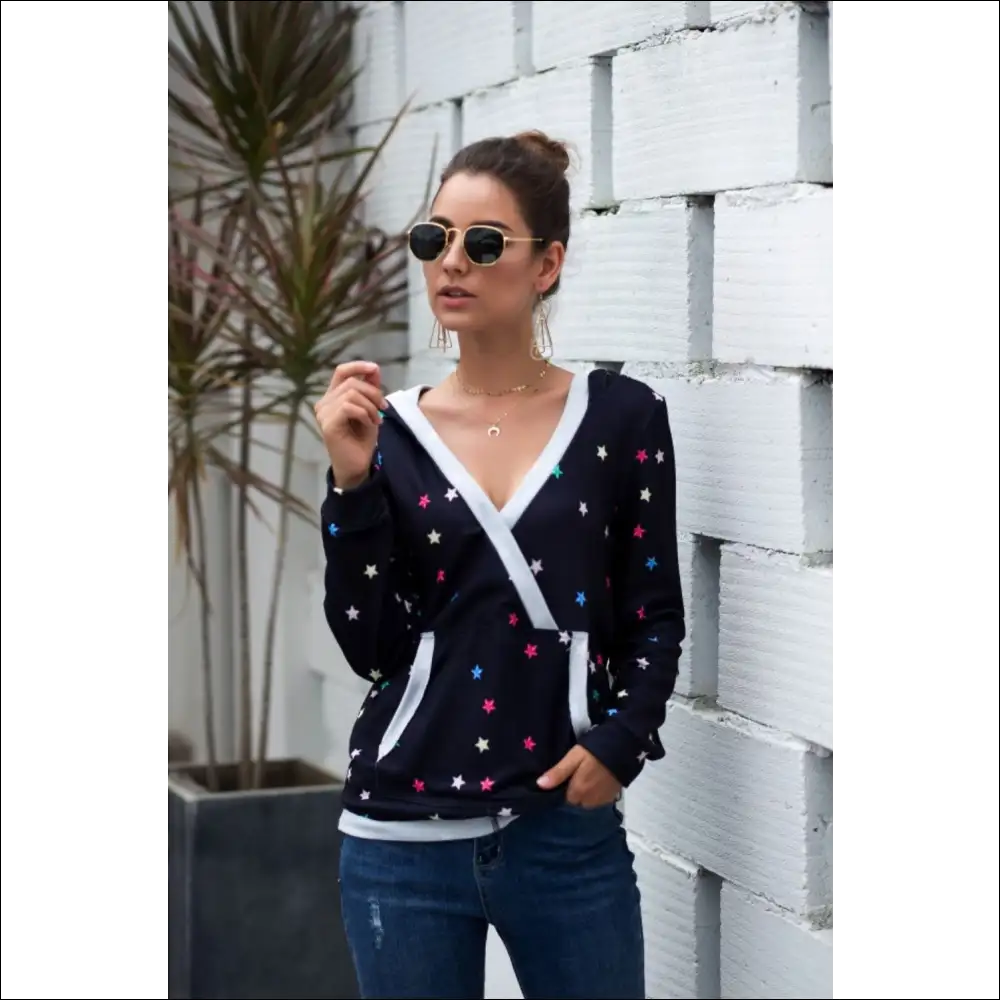 Star Print Kangaroo Pocket Hoodie - Sweatshirts & Hoodies on Sale Worldwide Shipping
