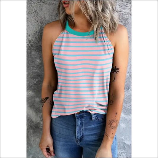 Steal Hearts in our Chic Striped Round Neck Tank Top - Fashionably Flirting! 😜❤️ - Dusty Pink / s - Tops on Sale Worldwide Shipping