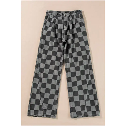 Step Into Style: Chic Checkered Wide Leg Jeans for Runway Dreams 👖✨ - on Sale Worldwide Shipping