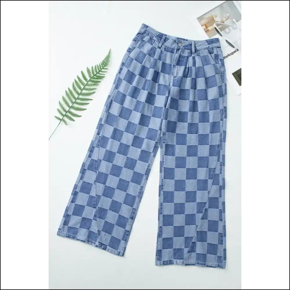 Step Into Style: Chic Checkered Wide Leg Jeans for Runway Dreams 👖✨ - on Sale Worldwide Shipping