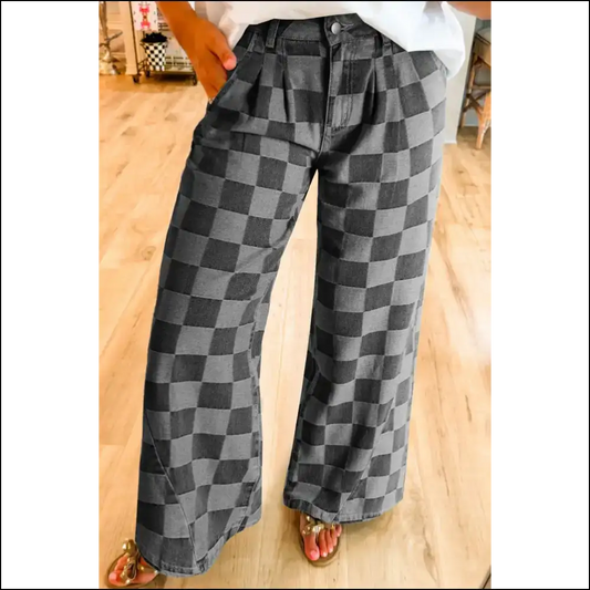 Step Into Style: Chic Checkered Wide Leg Jeans for Runway Dreams 👖✨ - Dark Gray / 10 - on Sale Worldwide Shipping