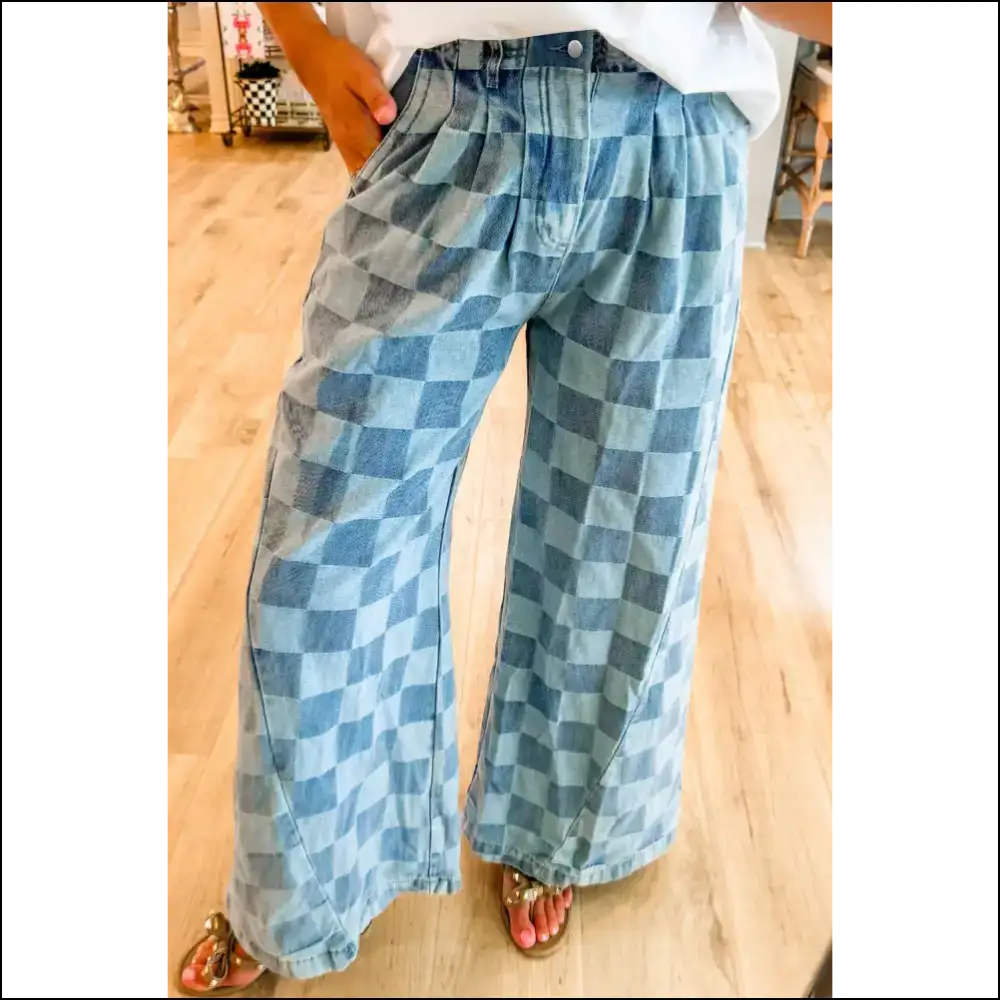 Step Into Style: Chic Checkered Wide Leg Jeans for Runway Dreams 👖✨ - Dirty Blue / 16 - on Sale Worldwide Shipping