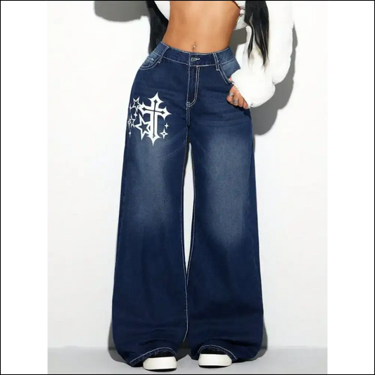 Step Up your Style in Chic Cross Wide Leg Jeans Because Life’s too Short for Boring Bottoms! - Dark / l - on Sale Worldwide Shipping
