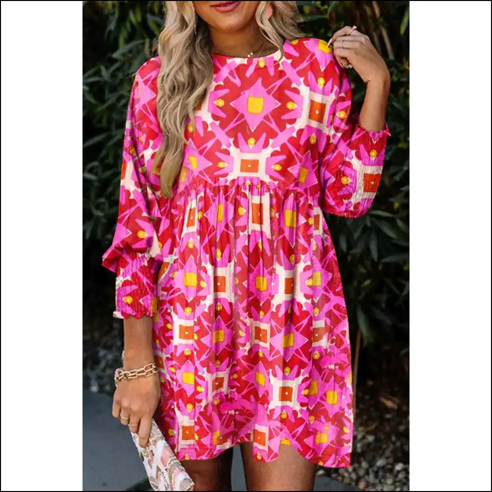 Strawberry Pink Geometric Mini Dress: Frills at Needful Things 🍓 - Short Dresses on Sale Worldwide Shipping