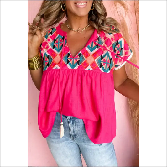 Strawberry Pink Geometric: so Cute it Hurts 🍓 Needful Things Tassel Tie! - s - Blouses on Sale Worldwide Shipping
