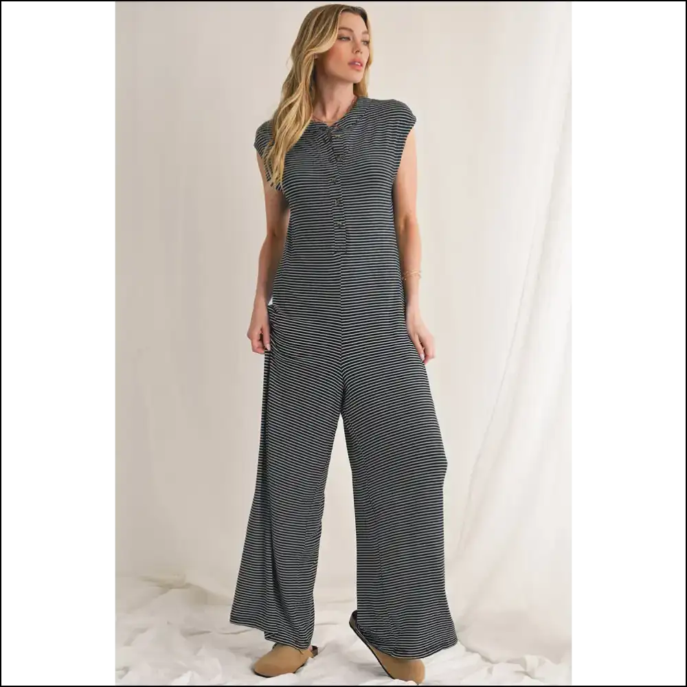 Striped Button Sleeveless Jumpsuit: from Zero to Hero - Black White / s - Jumpsuits & Rompers on Sale Worldwide Shipping