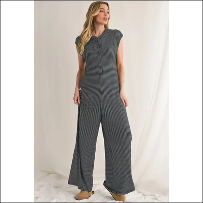 Striped Button Sleeveless Jumpsuit: from Zero to Hero - Black White / s - Jumpsuits & Rompers on Sale Worldwide Shipping