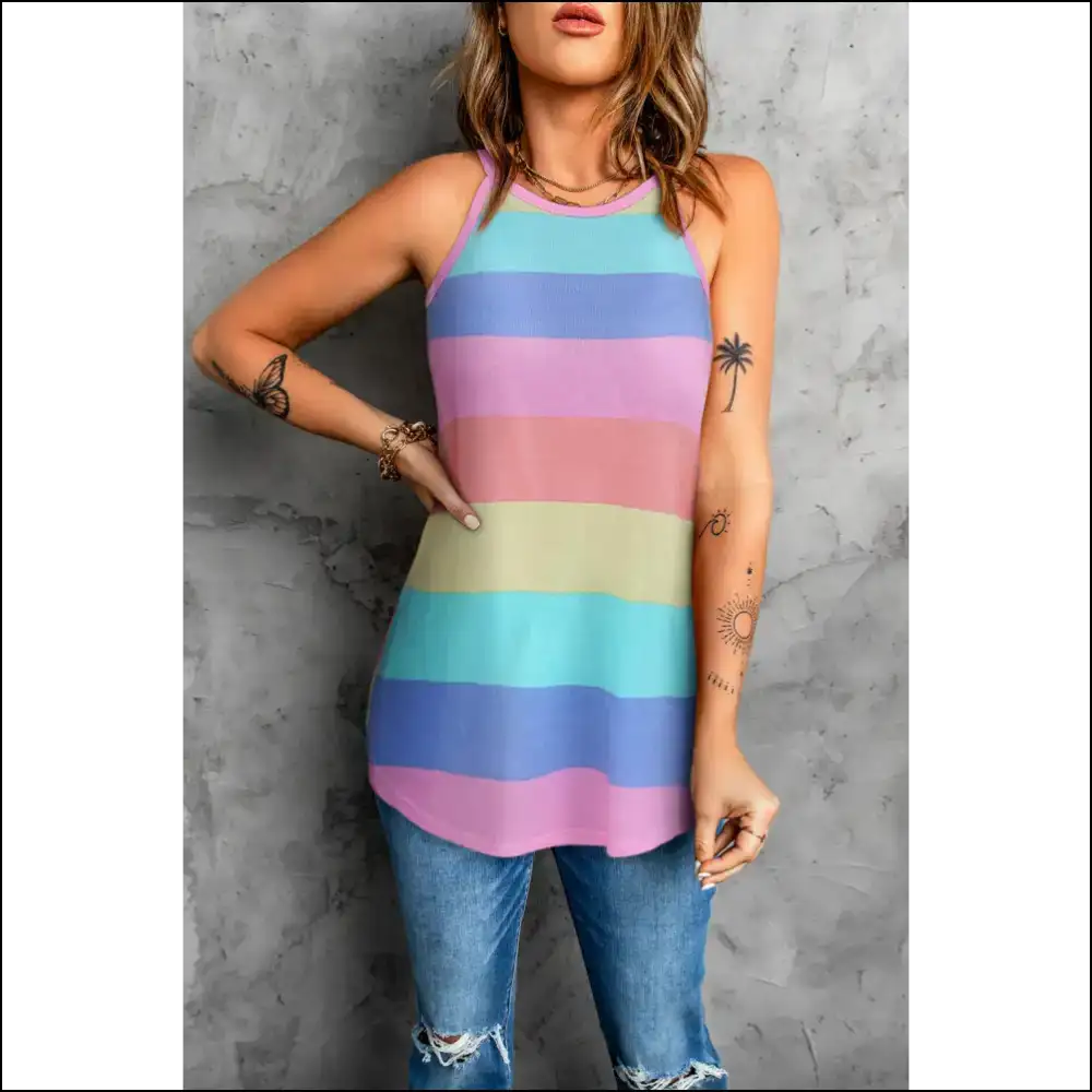 Striped Curved Hem Tank - Tops on Sale Worldwide Shipping