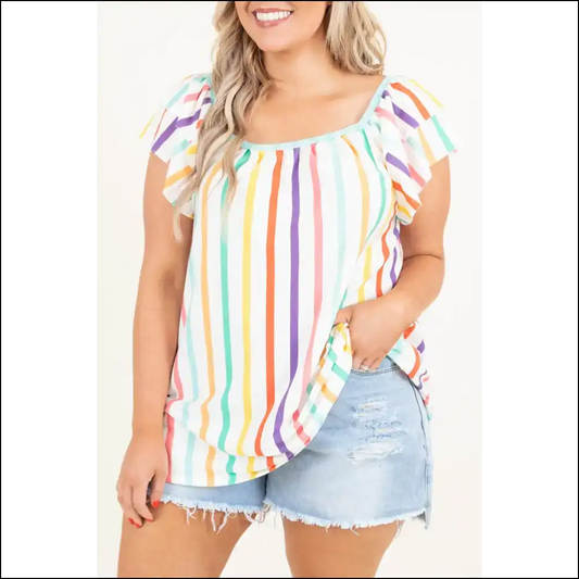 Stripes so Bright Youll Need Shades 🕶️ Needful Things Plus Size Blouse - White / 1x - Tops on Sale Worldwide Shipping