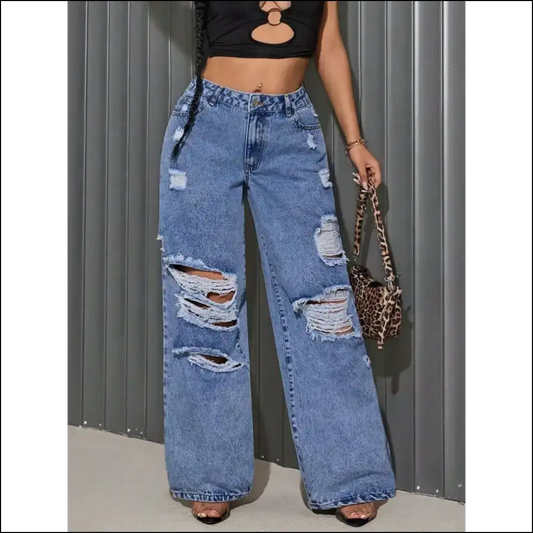 Strut Like you just Stole the Last Pair of Distressed Wide Leg Jeans! 💃 - Medium / s - Jeans on Sale Worldwide Shipping