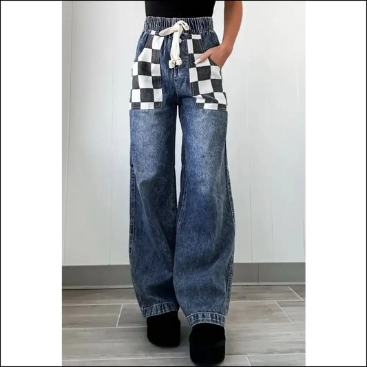 Strut your Curves in Checkered Wide Leg Jeans - Needful Things 🌟 - Medium / s - on Sale Worldwide Shipping