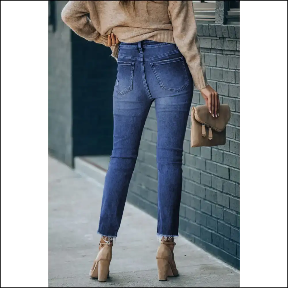 Strut your Stuff: High Waist Raw Hem Skinny Jeans for Attention Seekers 😏 - Dark Blue / 4 - on Sale Worldwide Shipping