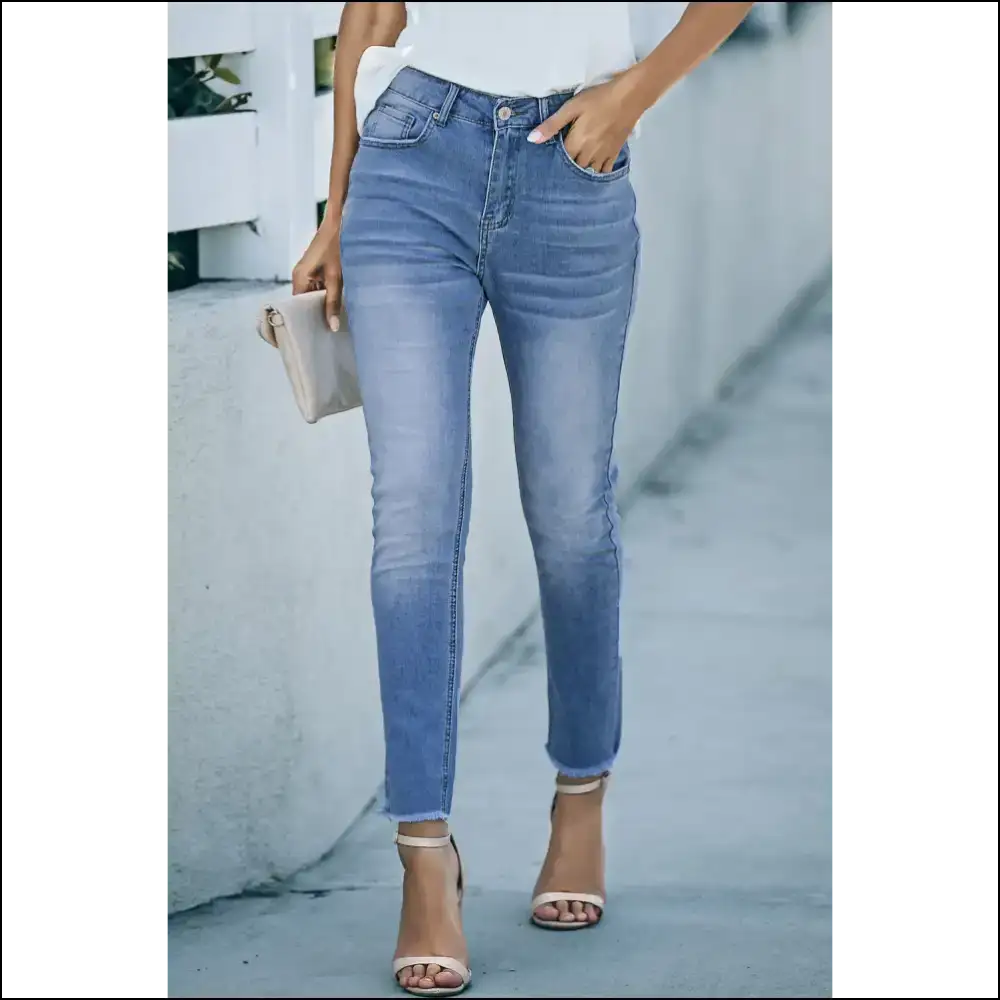 Strut your Stuff: High Waist Raw Hem Skinny Jeans for Attention Seekers 😏 - Light Blue / 16 - on Sale Worldwide Shipping