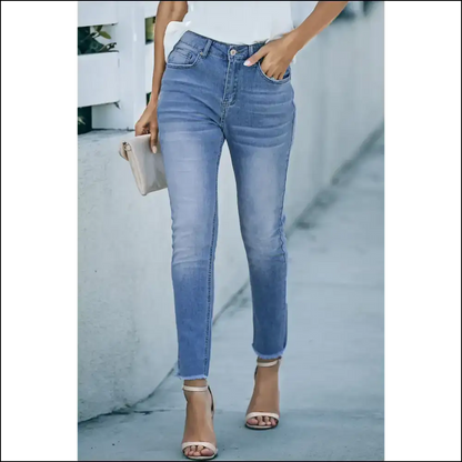 Strut your Stuff: High Waist Raw Hem Skinny Jeans for Attention Seekers 😏 - Light Blue / 16 - on Sale Worldwide Shipping
