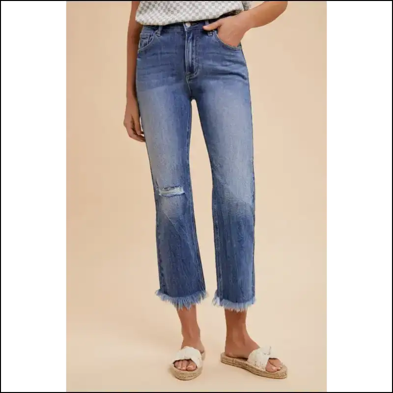 Strut your Stuff in Annie Wear’s Distressed Raw Hem Cropped Jeans – Chaos & Class! 💃 - Blue / l - on Sale Worldwide Shipping