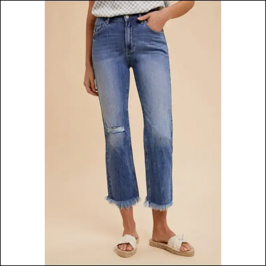 Strut your Stuff in Annie Wear’s Distressed Raw Hem Cropped Jeans – Chaos & Class! 💃 - Blue / l - on Sale Worldwide Shipping