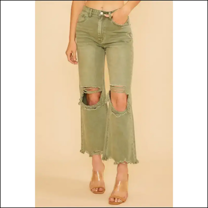 Strut your Stuff in Annie Wear’s Distressed Raw Hem Jeans: Own the Runway! 💃 - Yellow-green / s - Jeans on Sale Worldwide Shipping