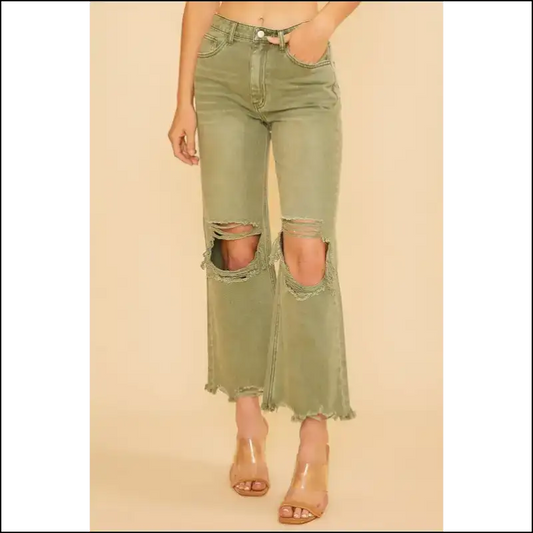 Strut your Stuff in Annie Wear’s Distressed Raw Hem Jeans: Own the Runway! 💃 - Yellow-green / s - Jeans on Sale Worldwide Shipping