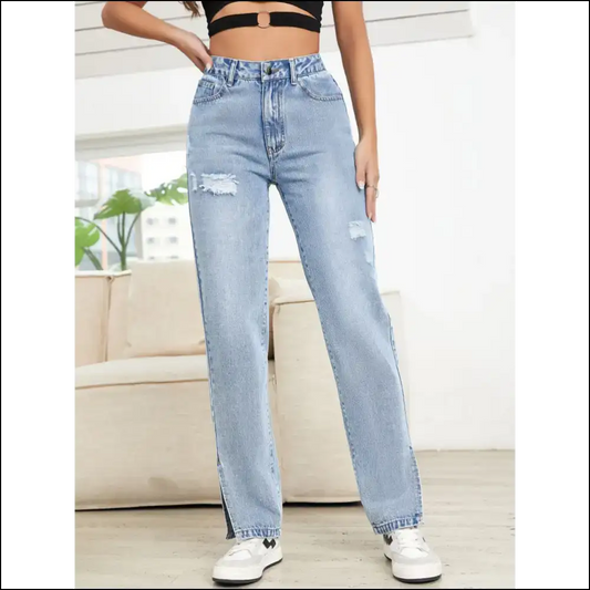 Strut your Stuff in Distressed Slit Straight Leg Jeans – Needful Things! 😎👖 - Light Blue / m - on Sale Worldwide Shipping