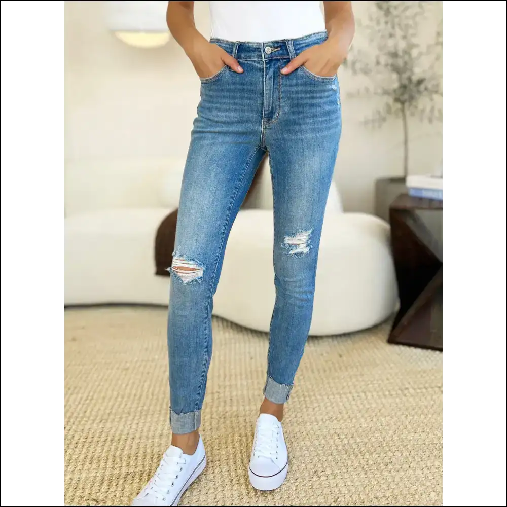 Strut your Stuff in Judy Blue Edgy Jeans: Heads will Turn! 💃🔥 - Jeans on Sale Worldwide Shipping