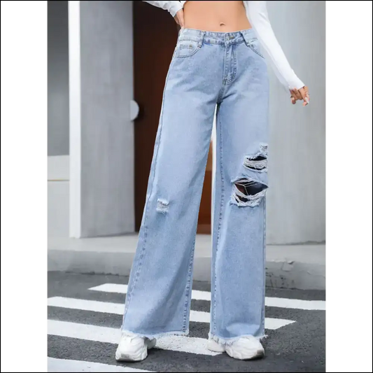 Strut your Stuff in Needful Things Distressed Raw Hem Wide Leg Jeans 😂💃 - Light / Xs - on Sale Worldwide Shipping