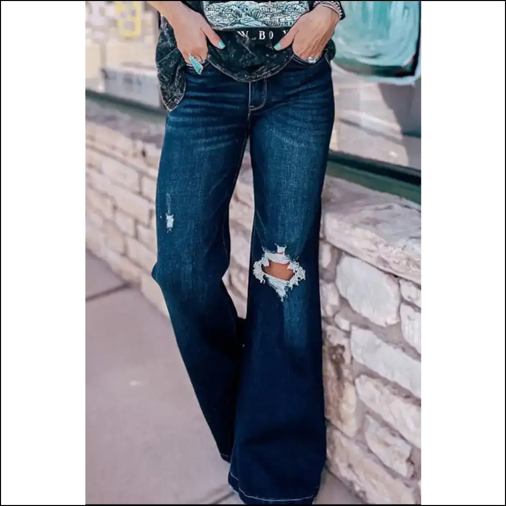 Strut your Stuff in Needful Things Distressed Wide Leg Jeans - Confidence Unleashed! 💃 - Dark / 12 - on Sale Worldwide Shipping
