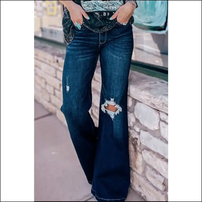 Strut your Stuff in Needful Things Distressed Wide Leg Jeans - Confidence Unleashed! 💃 - Dark / 12 - on Sale Worldwide Shipping