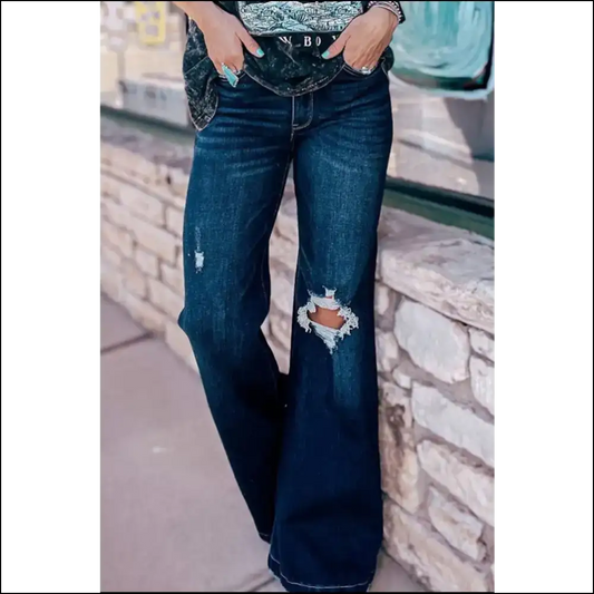 Strut your Stuff in Needful Things Distressed Wide Leg Jeans - Confidence Unleashed! 💃 - Dark / 12 - on Sale Worldwide Shipping