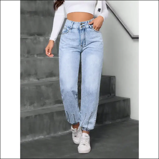 Strut your Stuff in Needful Things’ Studded High Waist Jeans – Confidence Unleashed! 👖✨ - Light / l - on Sale Worldwide Shipping