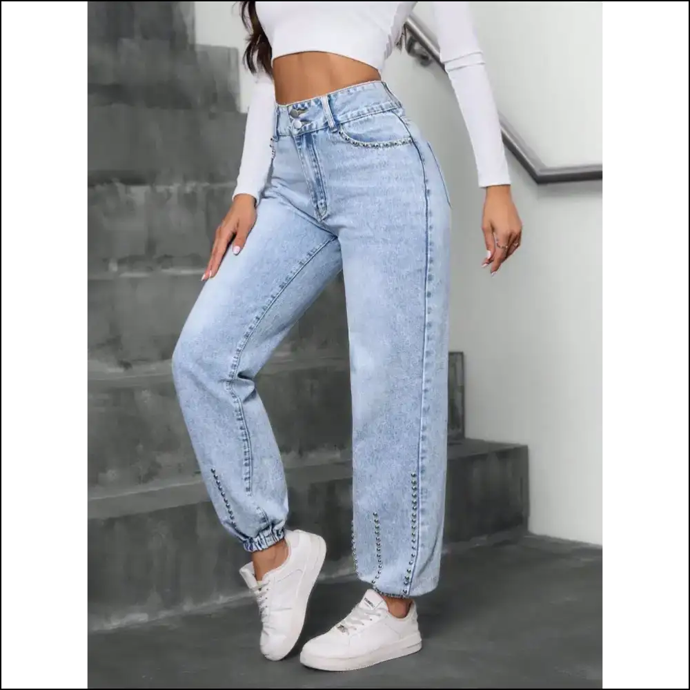 Strut your Stuff in Needful Things’ Studded High Waist Jeans – Confidence Unleashed! 👖✨ - on Sale Worldwide Shipping
