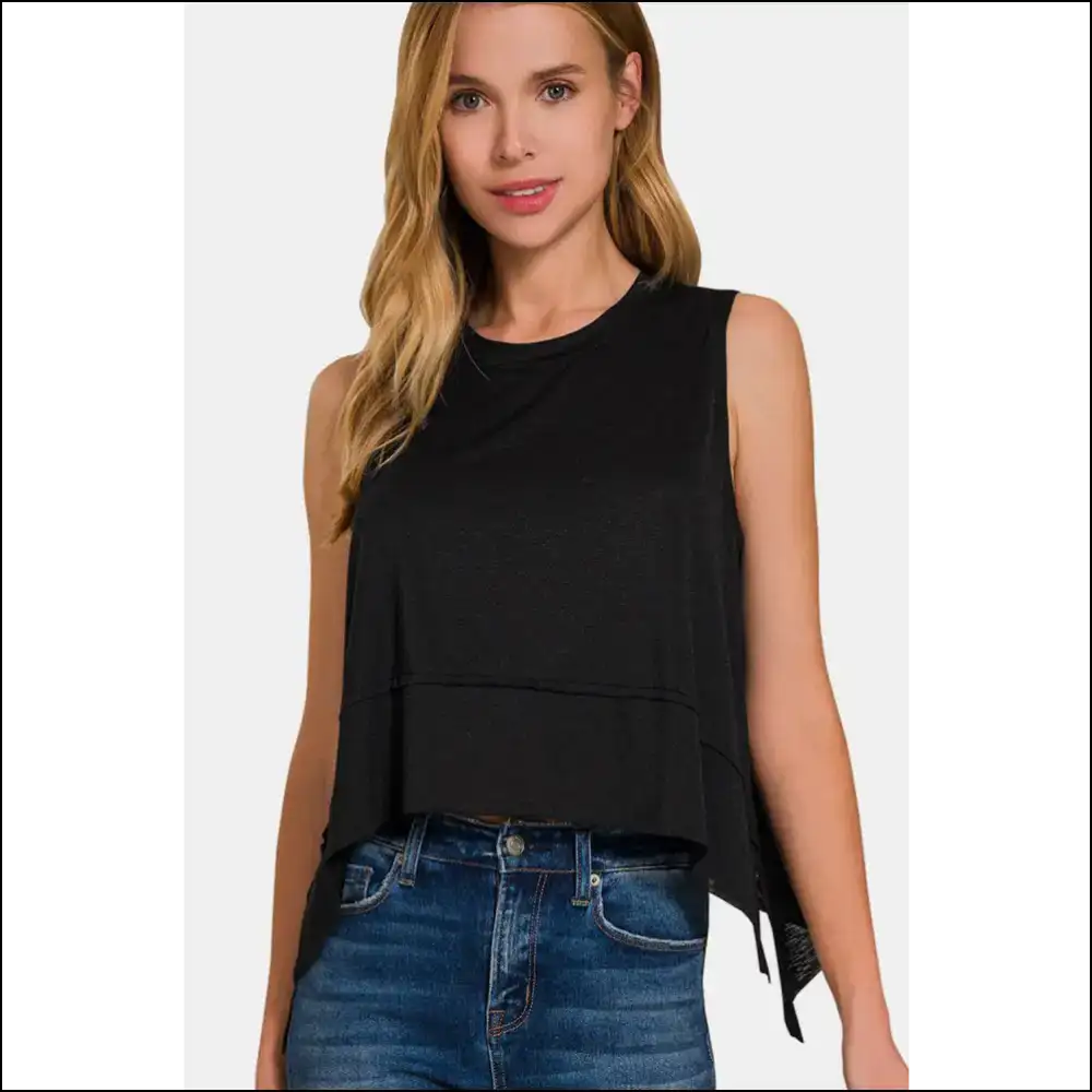 Strut your Stuff in the Chic Slit Round Neck Tank from Needful Things 😏✨ - Black / s - Tops on Sale Worldwide Shipping