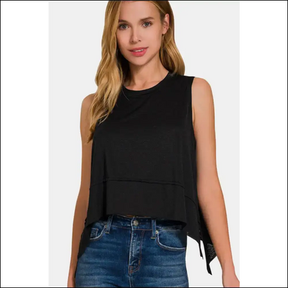 Strut your Stuff in the Chic Slit Round Neck Tank from Needful Things 😏✨ - Black / s - Tops on Sale Worldwide Shipping