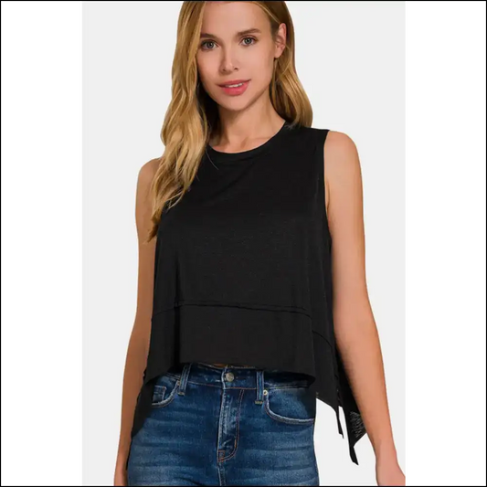 Strut your Stuff in the Chic Slit Round Neck Tank from Needful Things 😏✨ - Black / s - Tops on Sale Worldwide Shipping