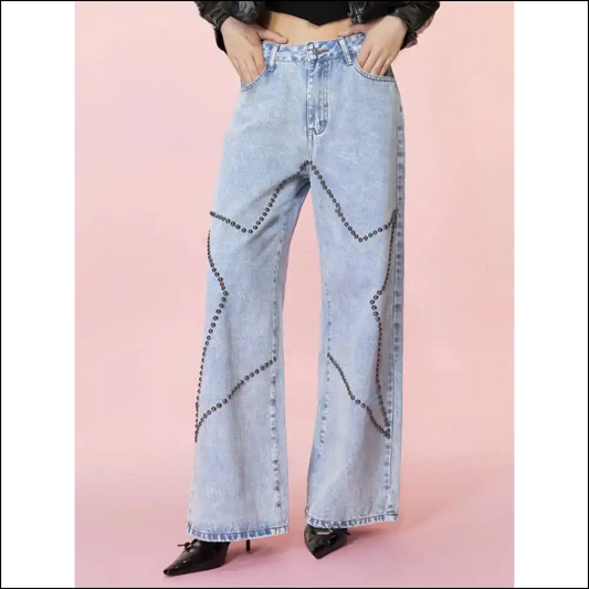 Studded Star Straight: Because your Curves Deserve a Standing Ovation! 🌟👖 - Light Blue / m - Jeans on Sale Worldwide Shipping
