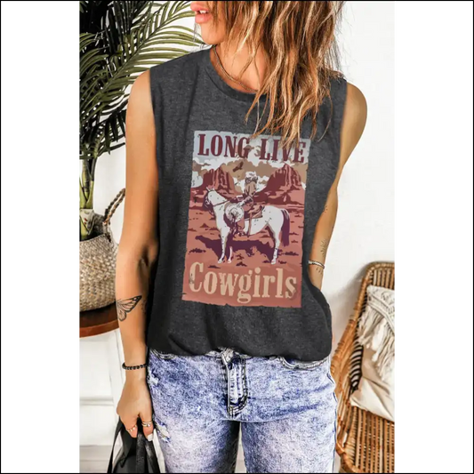Stylish Graphic Round Neck Tank Top for Women - Dark Gray / m - Tops on Sale Worldwide Shipping