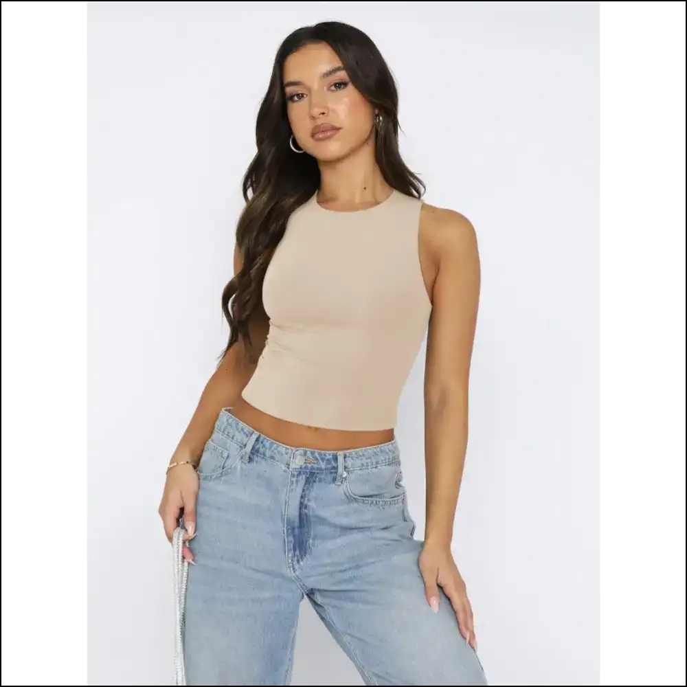 Stylish Round Neck Cropped Tank Top - Tan / m - Tops on Sale Worldwide Shipping