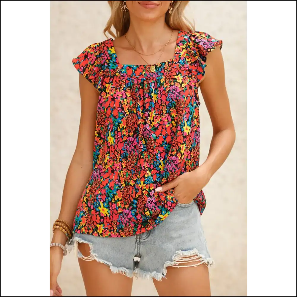 Suns out Guns Floral Print Ruffle Needful Things 🌼☠️ Multicolor Boho - Multicolour / s - Sleeveless Shirts Tank Tops on Sale Worldwide