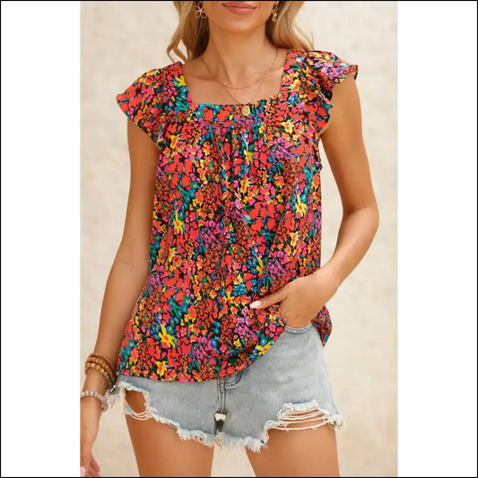 Suns out Guns Floral Print Ruffle Needful Things 🌼☠️ Multicolor Boho - Multicolour / s - Sleeveless Shirts Tank Tops on Sale Worldwide