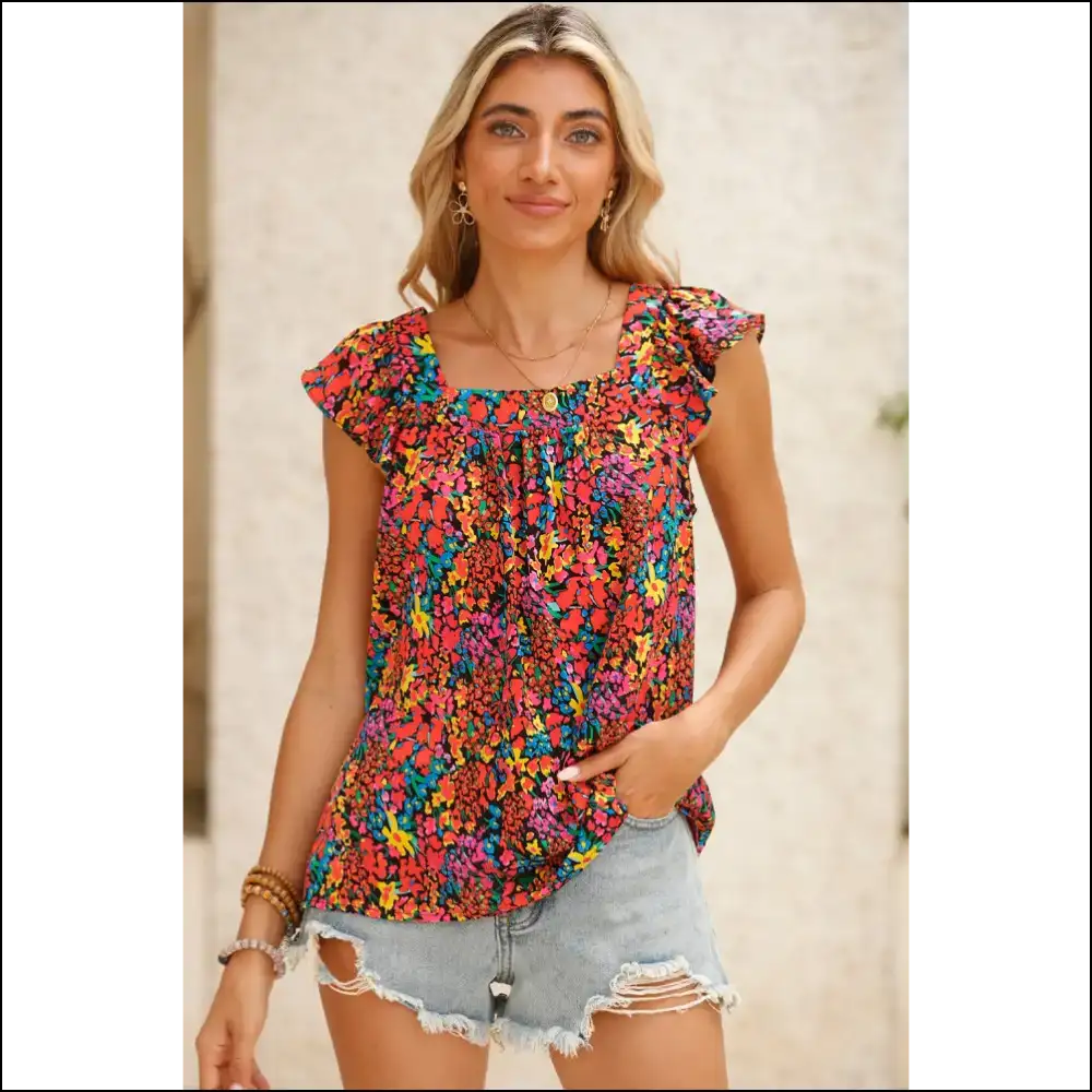 Suns out Guns Floral Print Ruffle Needful Things 🌼☠️ Multicolor Boho - Sleeveless Shirts Tank Tops on Sale Worldwide Shipping