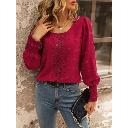 Swiss Dot Lace Detail Blouse - Effortless Elegance - Dusty Red / s - Blouses on Sale Worldwide Shipping